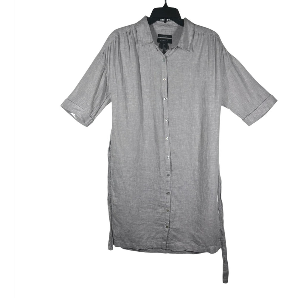 Tahari Gray 100% Linen Short Sleeve Button Front Belted Shirt Dress Womens Small